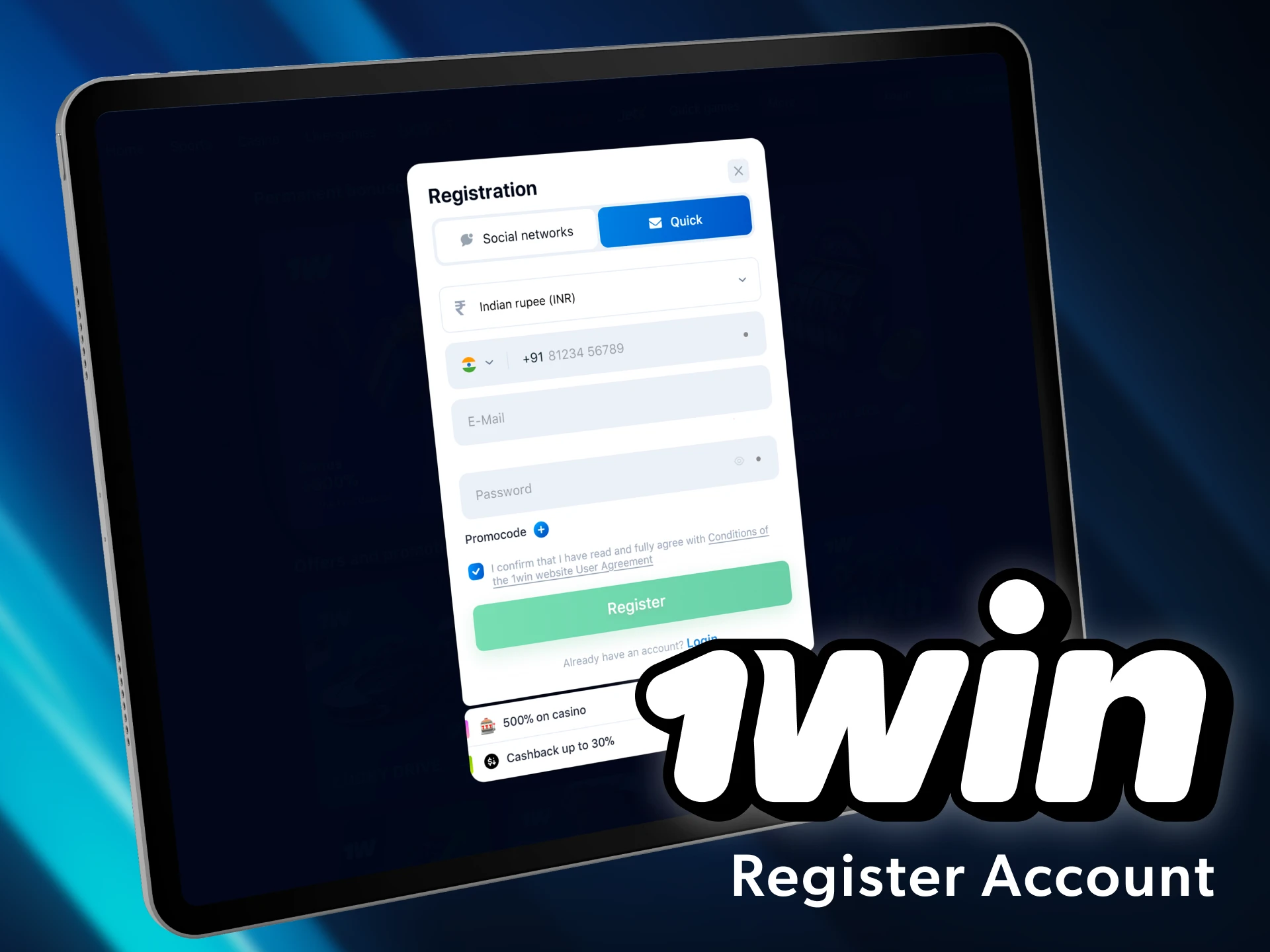 Sign up for 1win first.