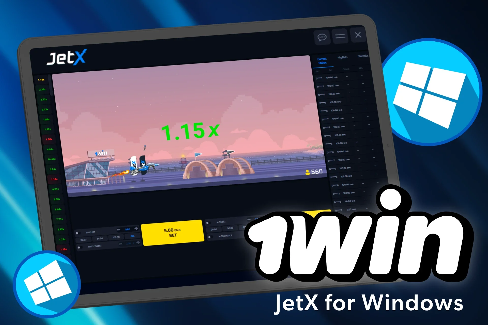 Download the desktop version of 1win to play Jet X on your computer.