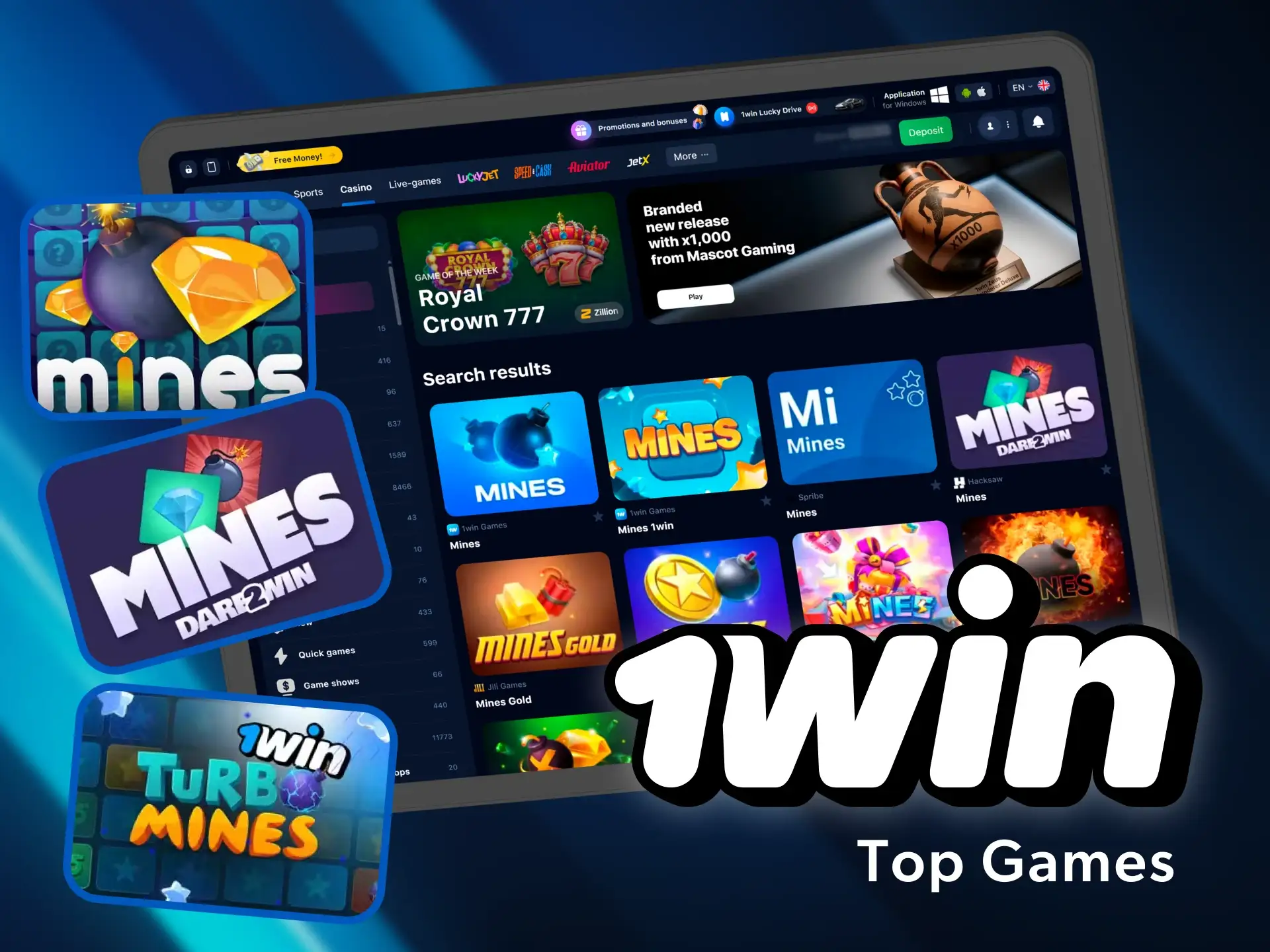 Choose the most popular mine games in the 1win online casino.